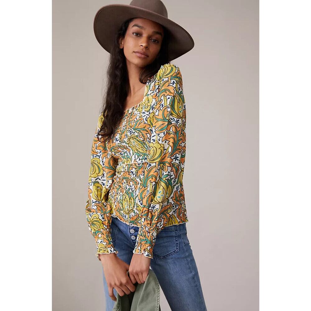 nwt by ANTHROPOLOGIE sz XL The Rayna Relaxed Smocked puff sleeve top
